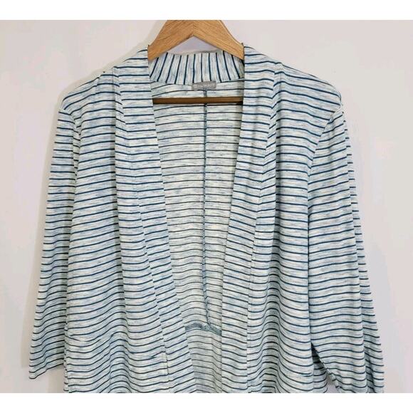 T by Talbots Teal Blue Stripe Cotton Blend 3/4 Sleeve Open Front Cardigan - Picture 2 of 6